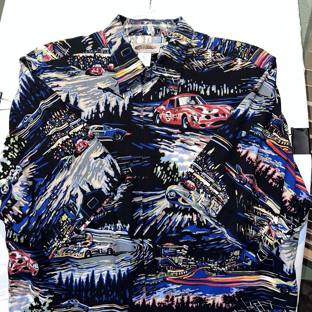 Reyn Spooner Eddy Y Racing Cars Hawaiian Shirt Mens L Rayon Hawaii AOP